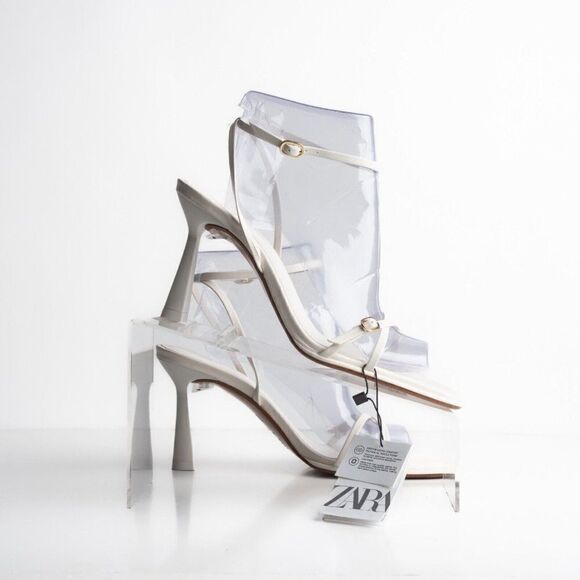 Zara Womens Crossed Strap Heels Sandals White Leather 2337/110 US 9 EU 40 NWT - Picture 7 of 8